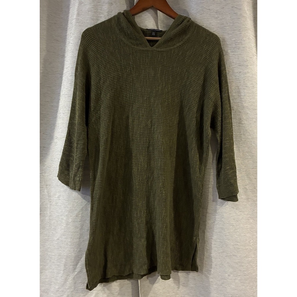 Eileen Fisher Green Organic Linen Cotton Knit Hooded Tunic Top Sweater Sz Medium